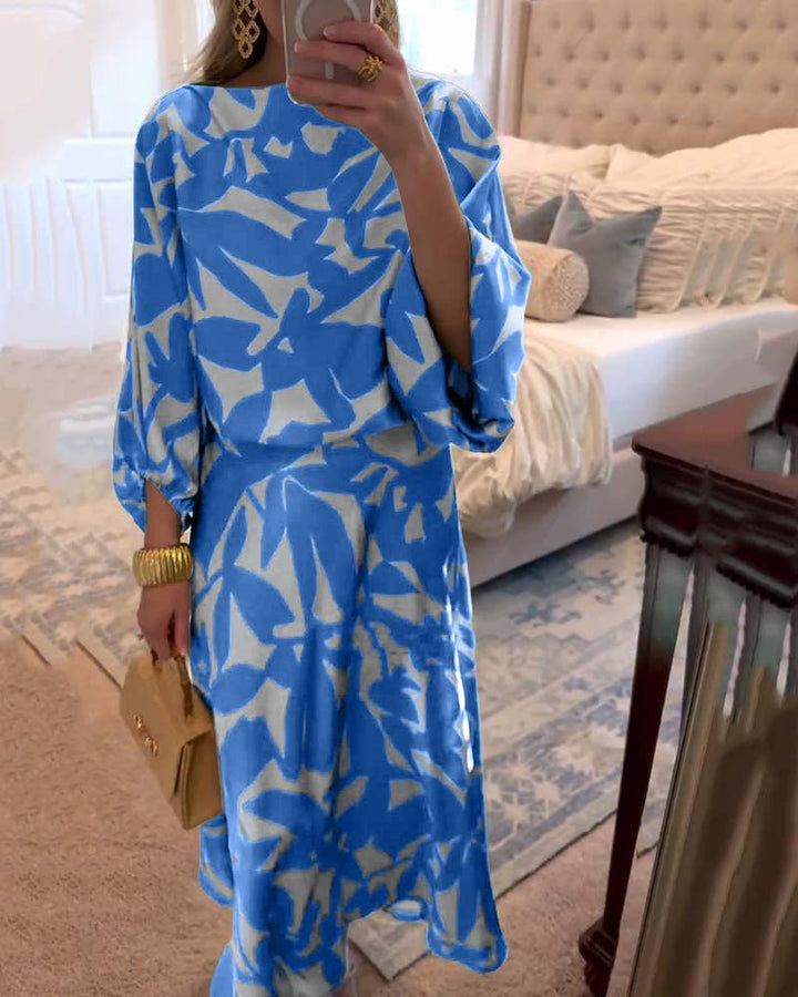 Women's Green Leaf Print Lantern Sleeve Two-Piece Set