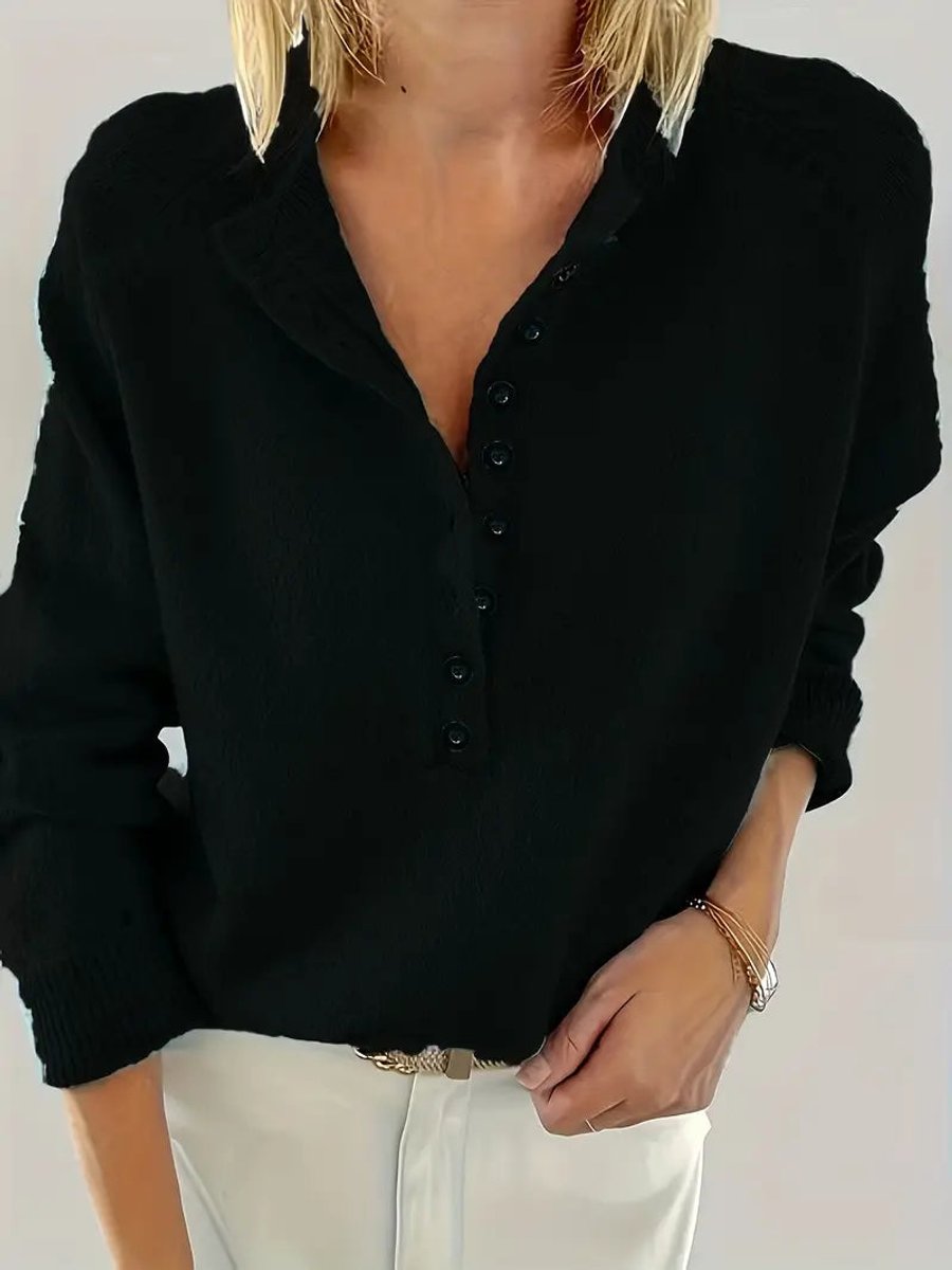 Women's Half-Button V-Neck Knit Sweater Relaxed Pullover Jumper - Black