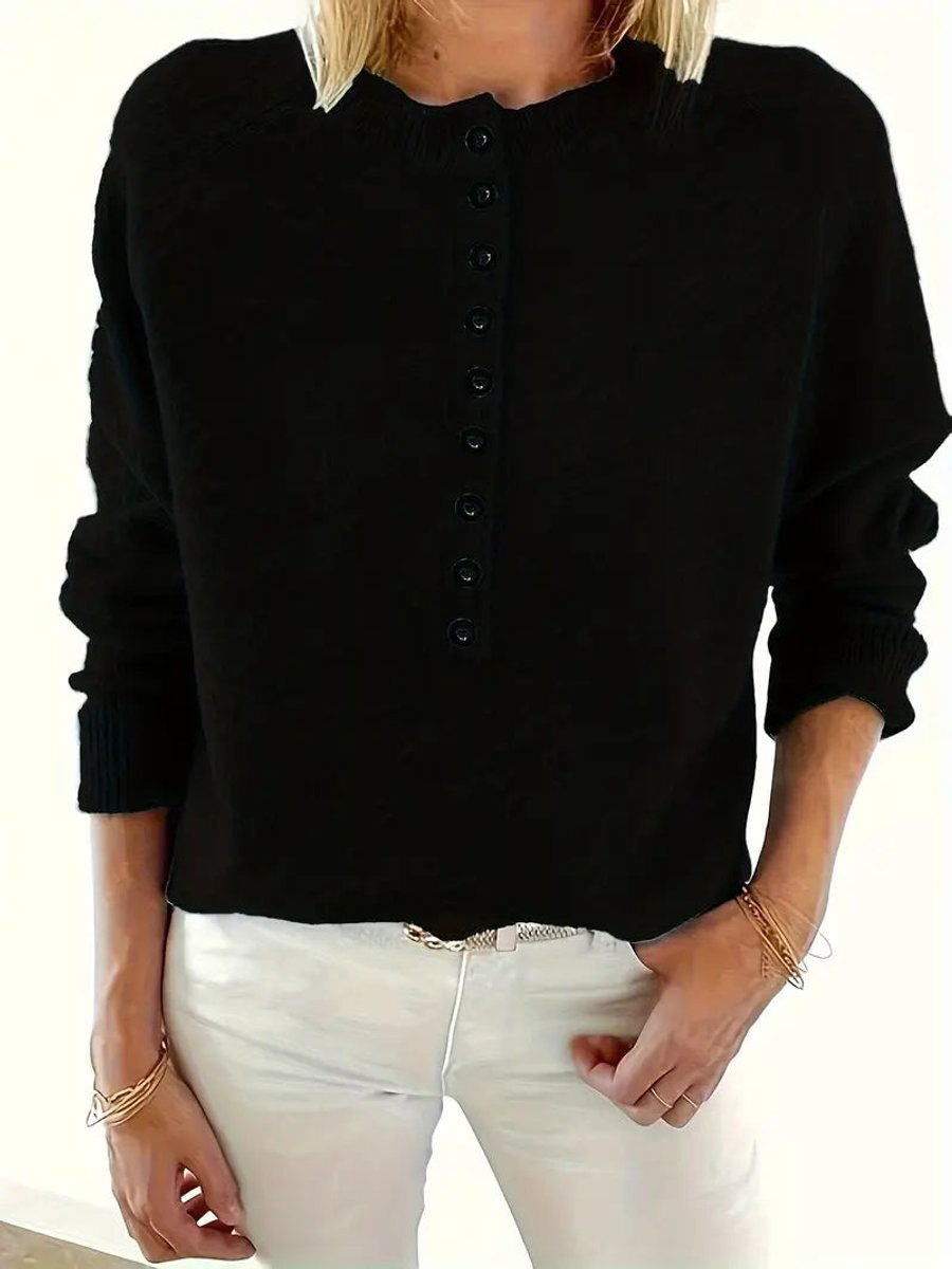 Women's Half-Button V-Neck Knit Sweater Relaxed Pullover Jumper