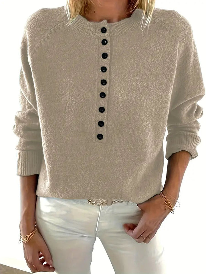 Women's Half-Button V-Neck Knit Sweater Relaxed Pullover Jumper