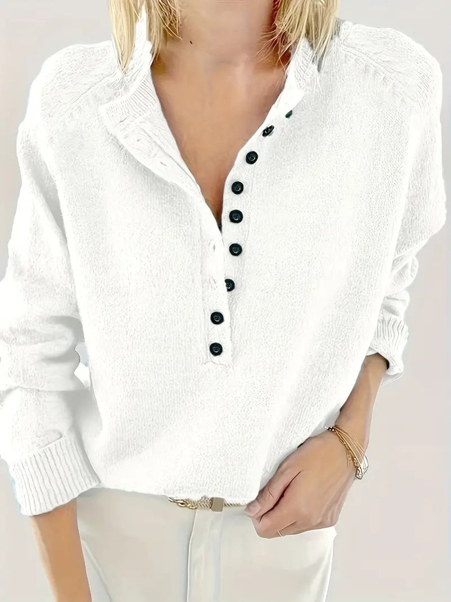 Women's Half-Button V-Neck Knit Sweater Relaxed Pullover Jumper - White