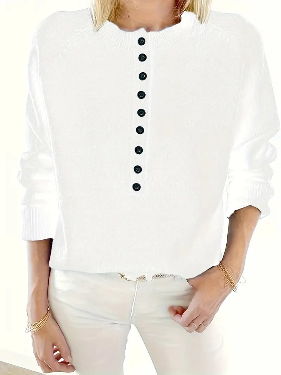 Women's Half-Button V-Neck Knit Sweater Relaxed Pullover Jumper