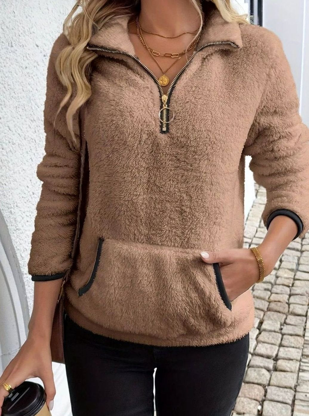 Women's Half-Zip Teddy Fleece Pullover Womens Jumper Kangaroo Pocket - Brown