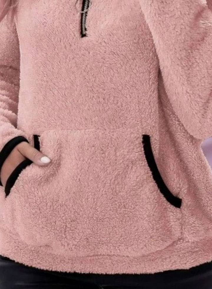 Women's Half-Zip Teddy Fleece Pullover Womens Jumper Kangaroo Pocket