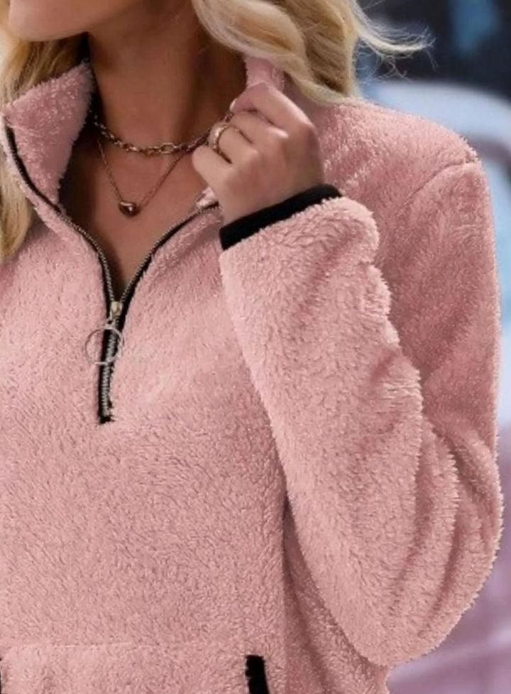 Women's Half-Zip Teddy Fleece Pullover Womens Jumper Kangaroo Pocket