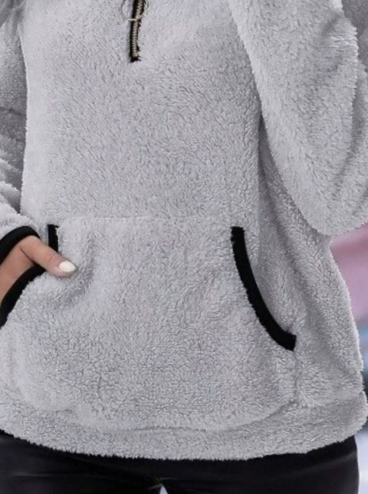 Women's Half-Zip Teddy Fleece Pullover Womens Jumper Kangaroo Pocket