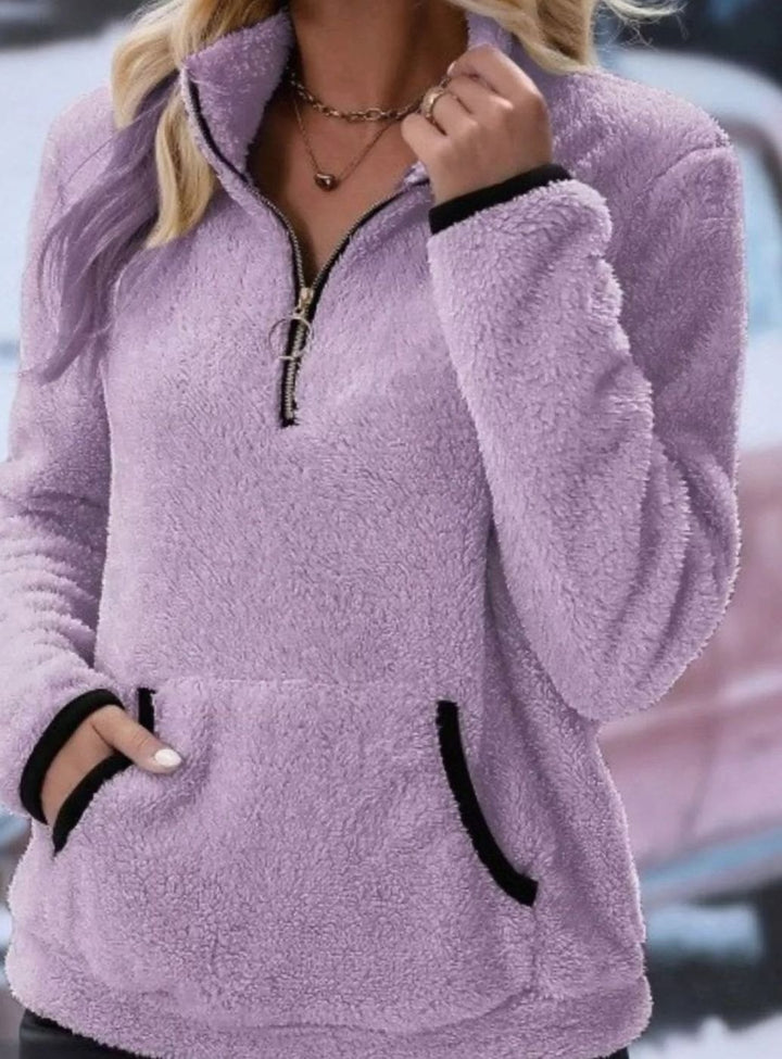 Women's Half-Zip Teddy Fleece Pullover Womens Jumper Kangaroo Pocket - Purple