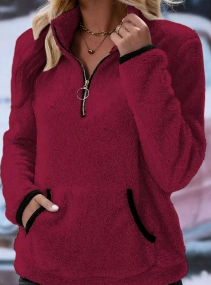 Women's Half-Zip Teddy Fleece Pullover Womens Jumper Kangaroo Pocket - Wine Red