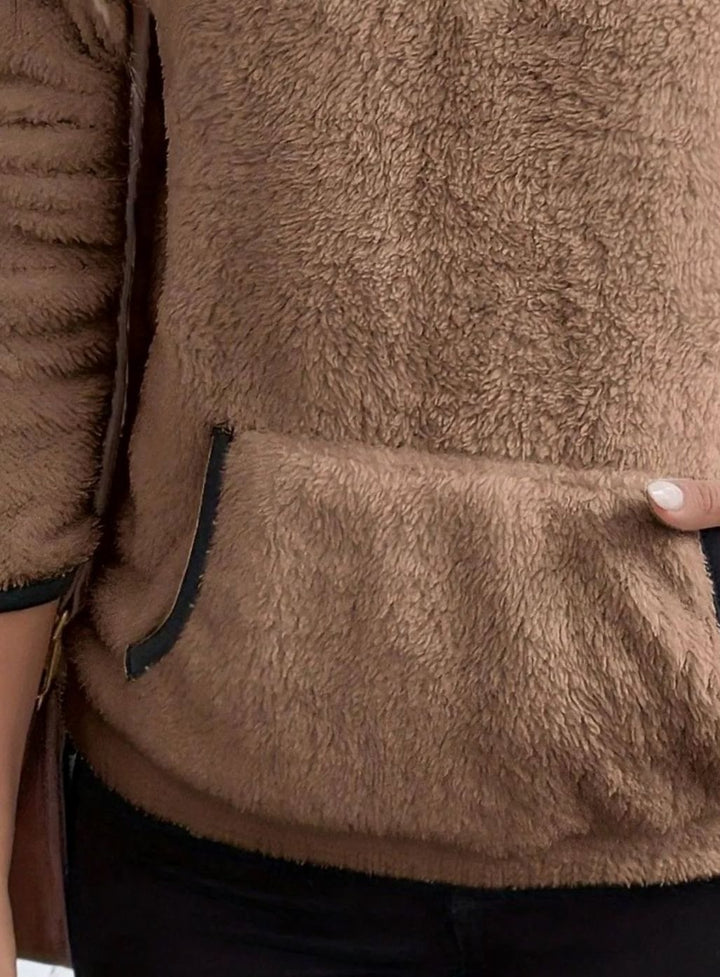 Women's Half-Zip Teddy Fleece Pullover Womens Jumper Kangaroo Pocket