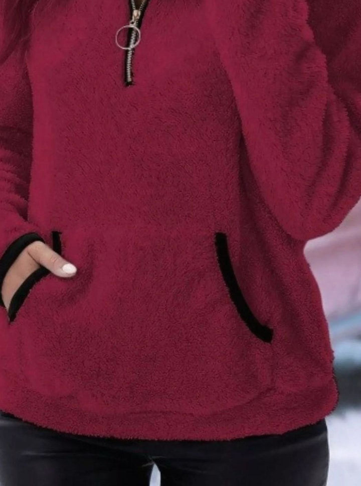 Women's Half-Zip Teddy Fleece Pullover Womens Jumper Kangaroo Pocket
