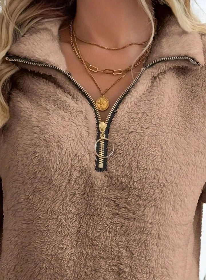 Women's Half-Zip Teddy Fleece Pullover Womens Jumper Kangaroo Pocket