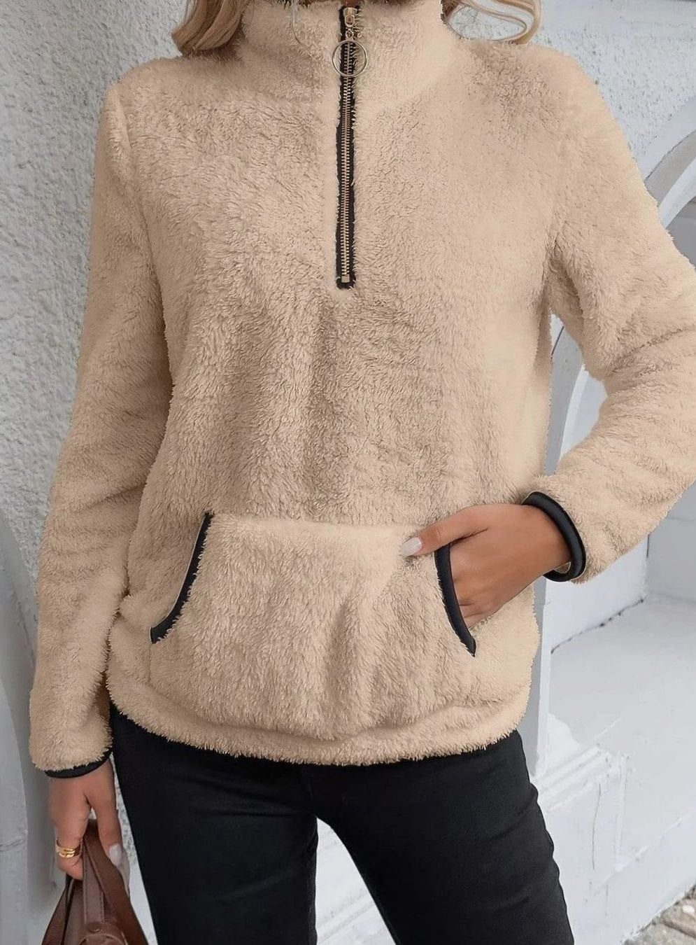 Women's Half-Zip Teddy Fleece Pullover Womens Jumper Kangaroo Pocket - Khaki