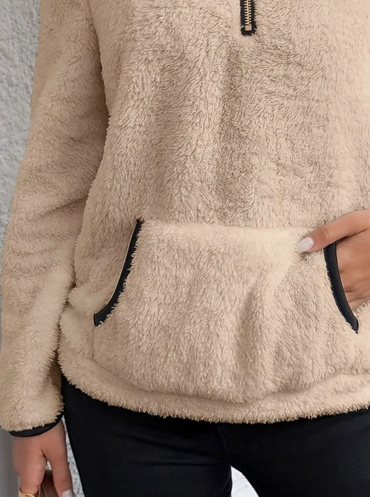 Women's Half-Zip Teddy Fleece Pullover Womens Jumper Kangaroo Pocket