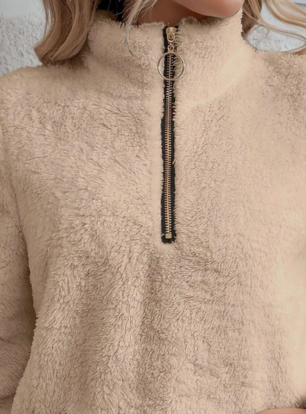 Women's Half-Zip Teddy Fleece Pullover Womens Jumper Kangaroo Pocket
