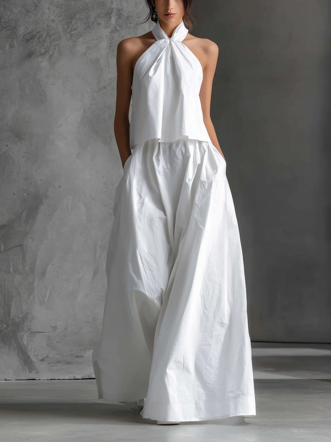Women's Halter Neck Linen Two-Piece Set - White