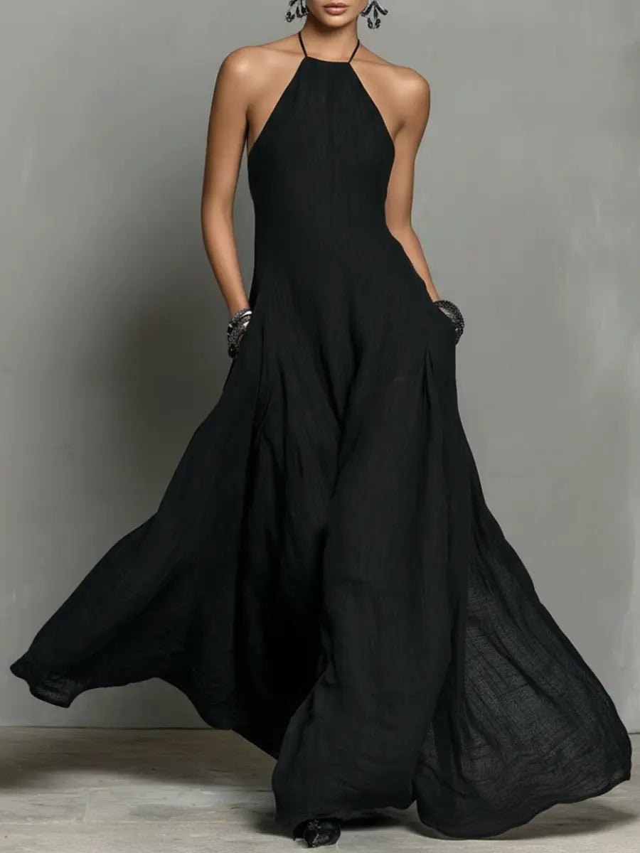 Women's Halter Neck Sleeveless Linen Blend Maxi Dress - Black