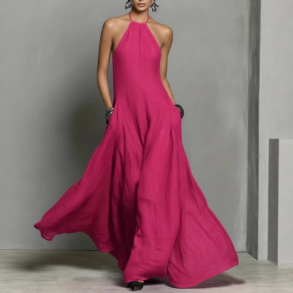 Women's Halter Neck Sleeveless Linen Blend Maxi Dress - Hot Pink