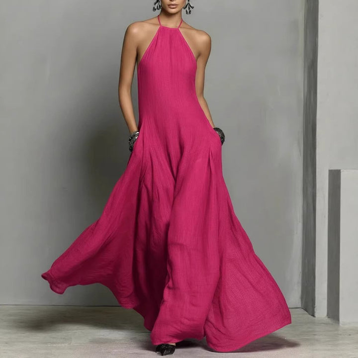 Women's Halter Neck Sleeveless Linen Blend Maxi Dress - Hot Pink