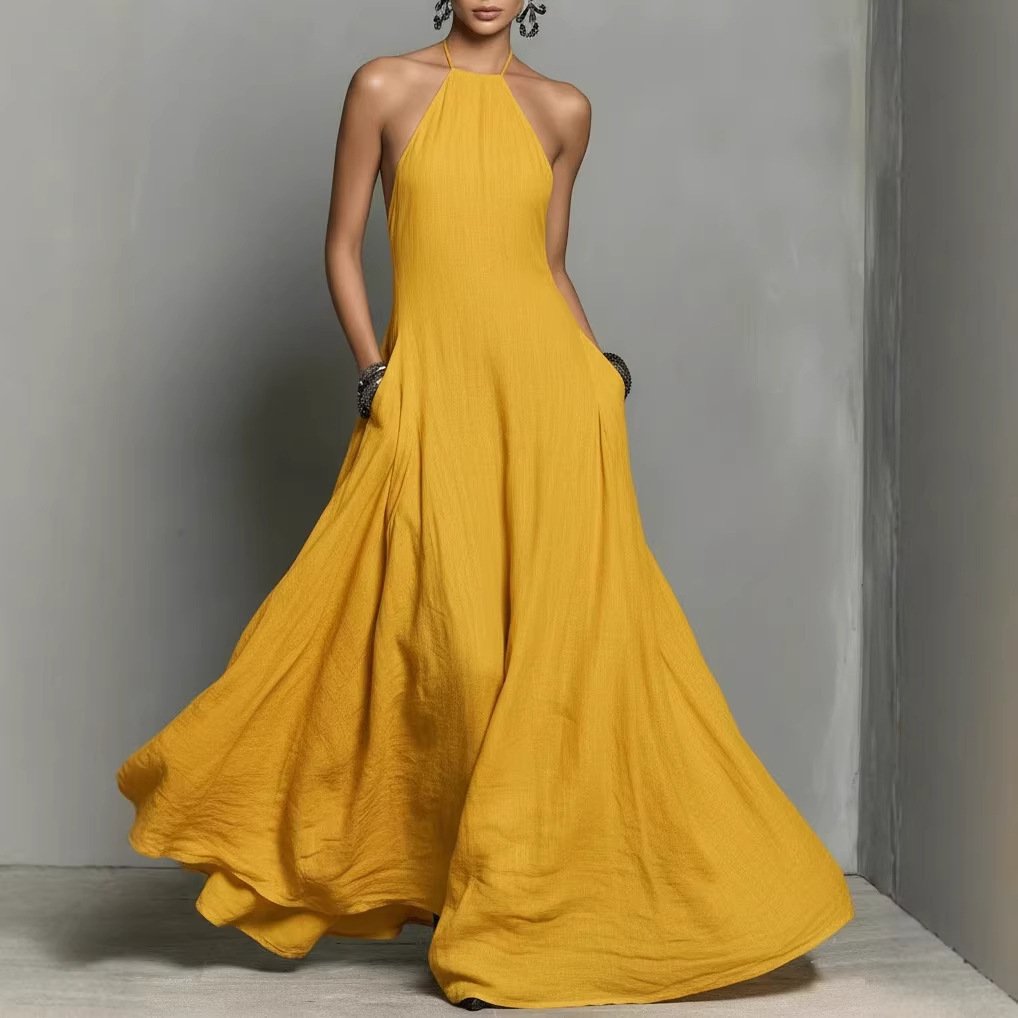 Women's Halter Neck Sleeveless Linen Blend Maxi Dress - Yellow