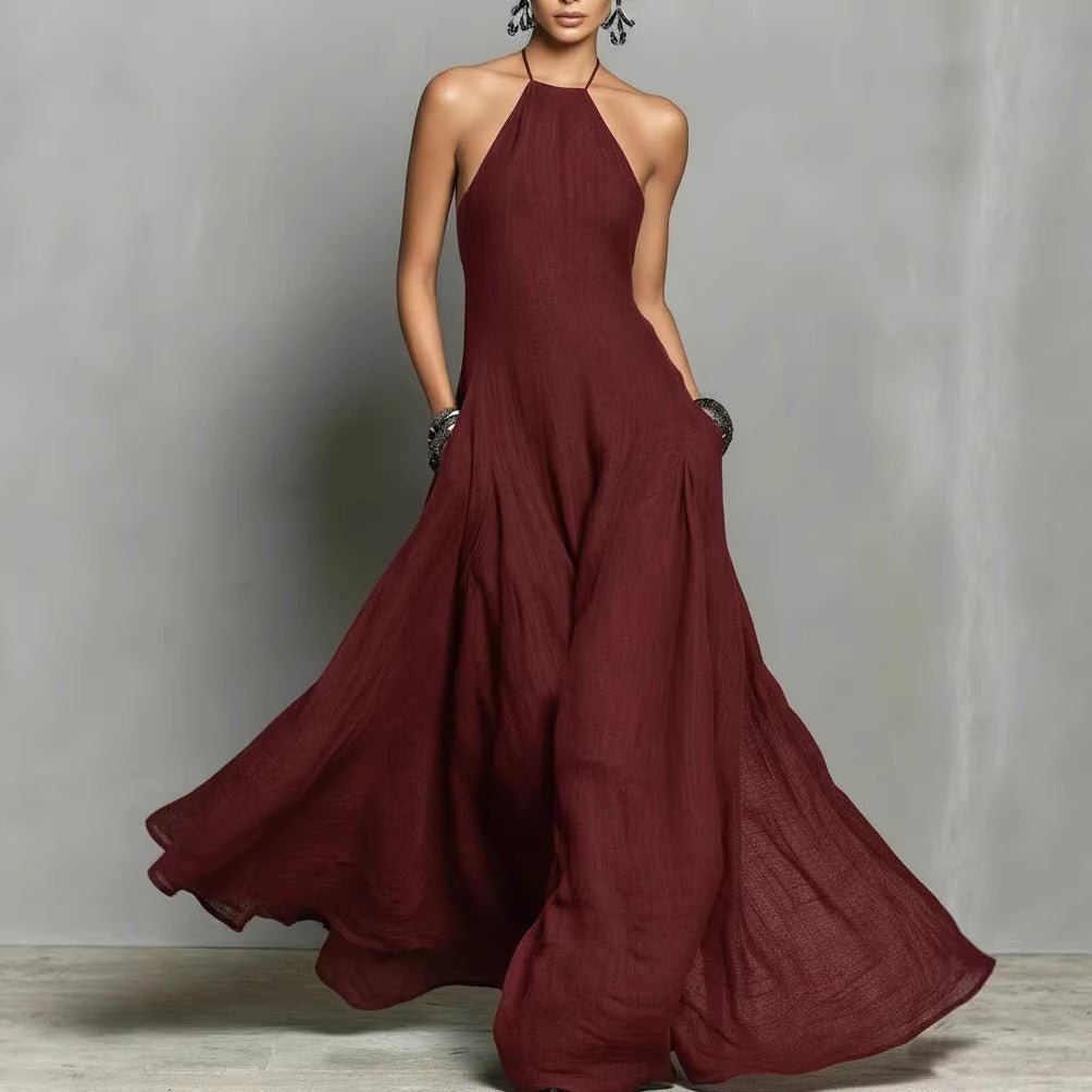 Women's Halter Neck Sleeveless Linen Blend Maxi Dress - Burgundy