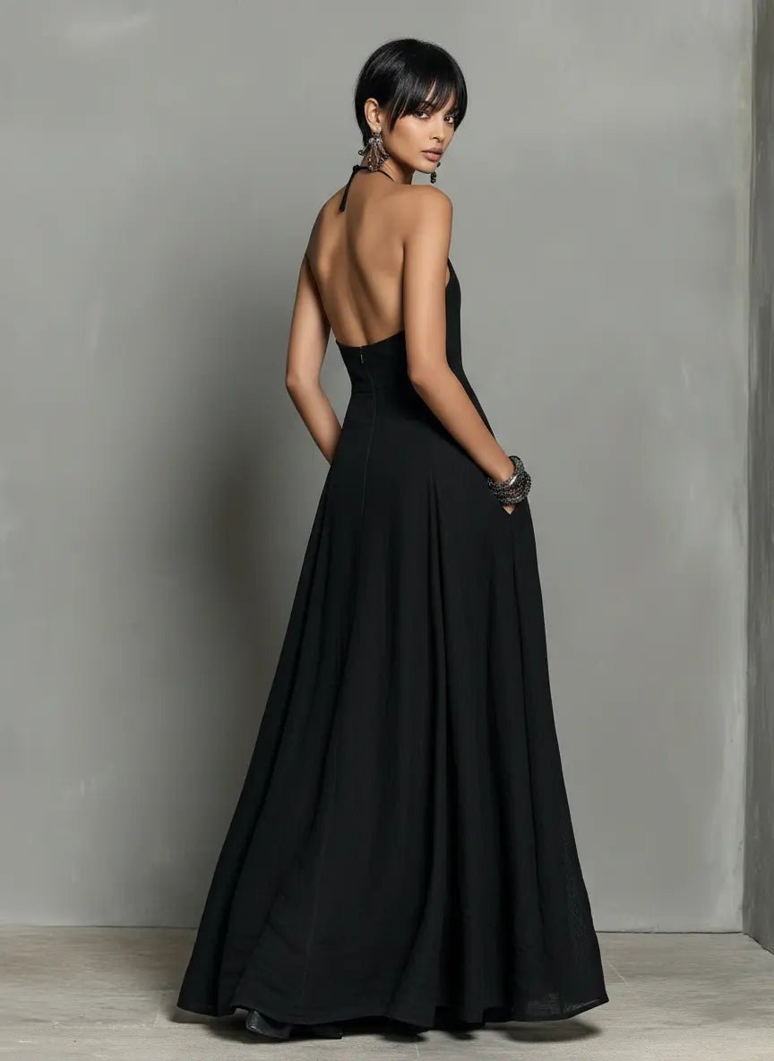 Women's Halter Neck Sleeveless Linen Blend Maxi Dress