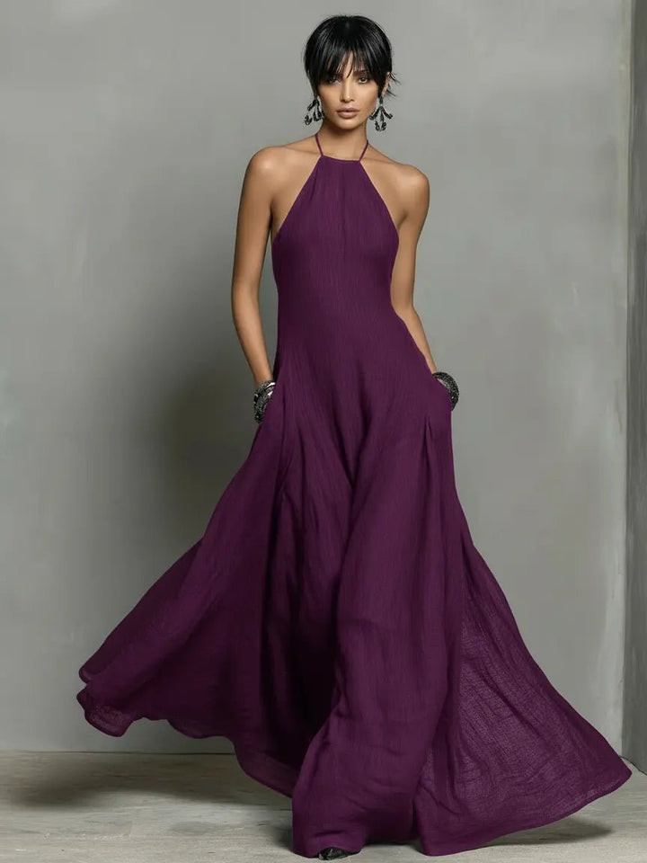 Women's Halter Neck Sleeveless Linen Blend Maxi Dress - Purple