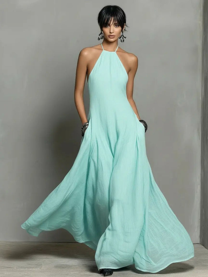 Women's Halter Neck Sleeveless Linen Blend Maxi Dress - Mint Green