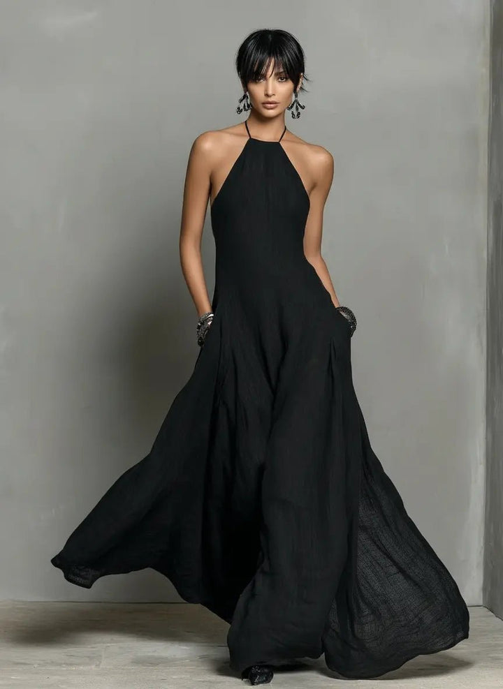 Women's Halter Neck Sleeveless Linen Blend Maxi Dress