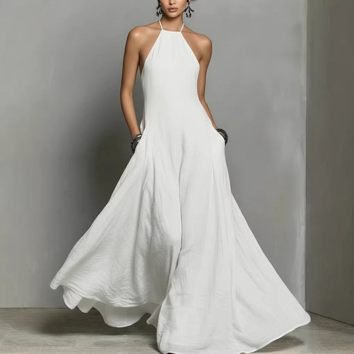 Women's Halter Neck Sleeveless Linen Blend Maxi Dress - White