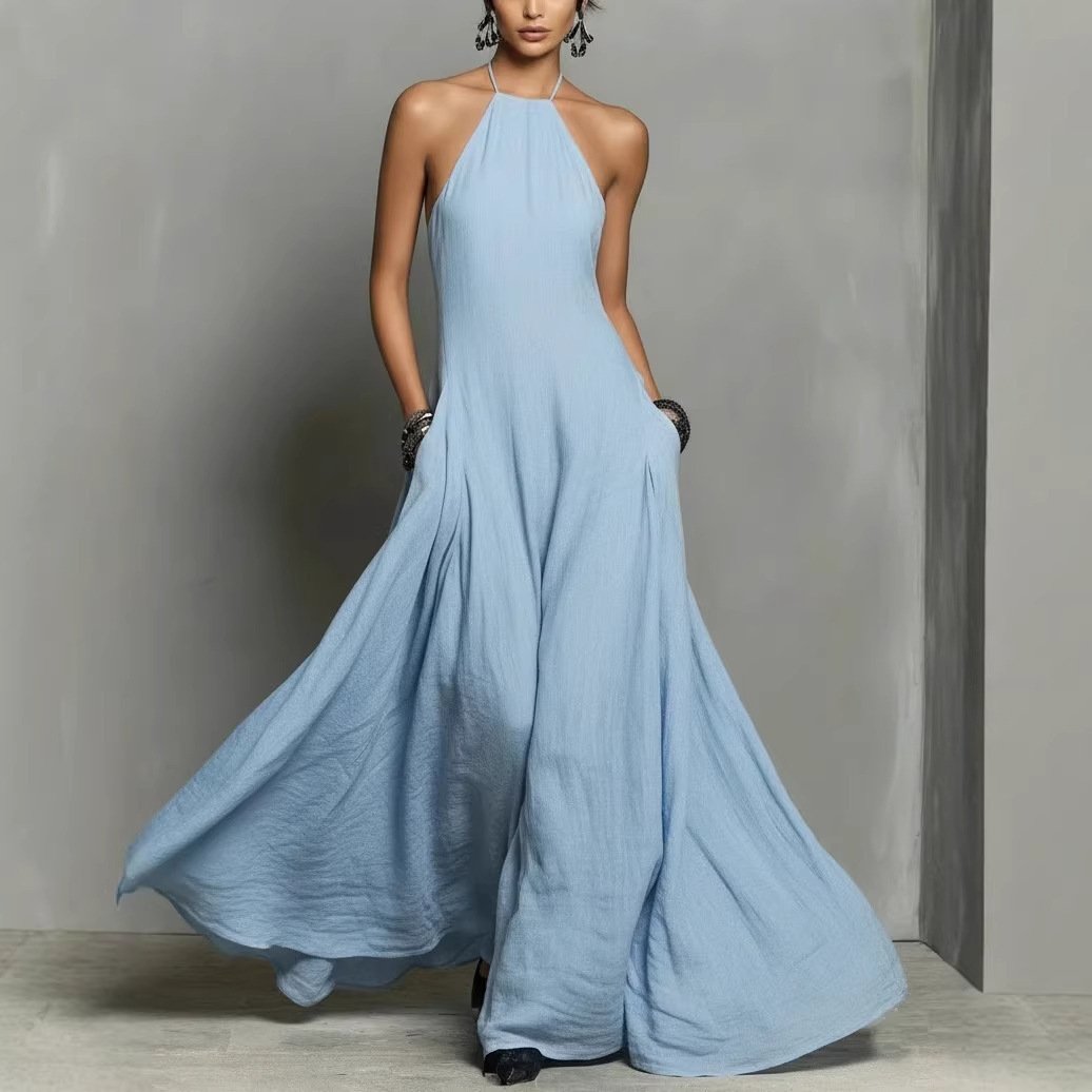 Women's Halter Neck Sleeveless Linen Blend Maxi Dress - Light Blue