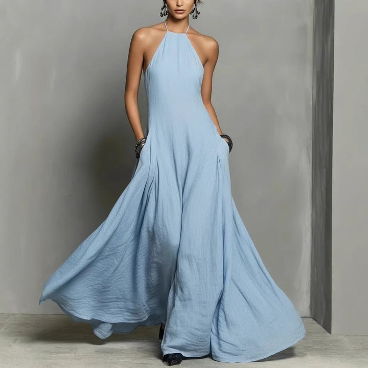 Women's Halter Neck Sleeveless Linen Blend Maxi Dress - Light Blue