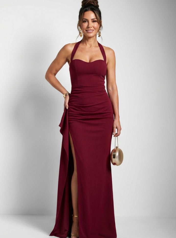 Women's Halter Neck Sweetheart Maxi Cocktail Dress High Slit - Burgundy