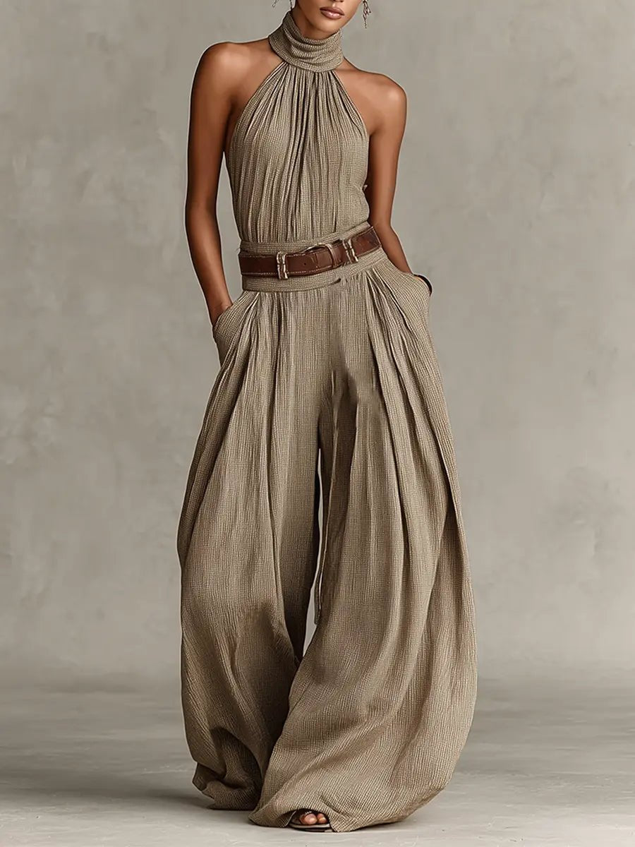 Women's Halter Neck Wide-Leg Cotton Blend Jumpsuit - Taupe