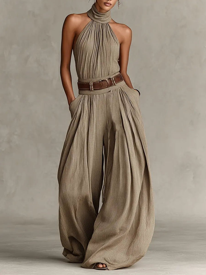 Women's Halter Neck Wide-Leg Cotton Blend Jumpsuit - Taupe