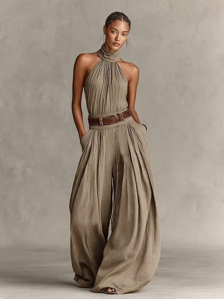 Women's Halter Neck Wide-Leg Cotton Blend Jumpsuit