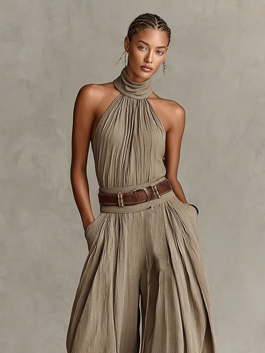 Women's Halter Neck Wide-Leg Cotton Blend Jumpsuit