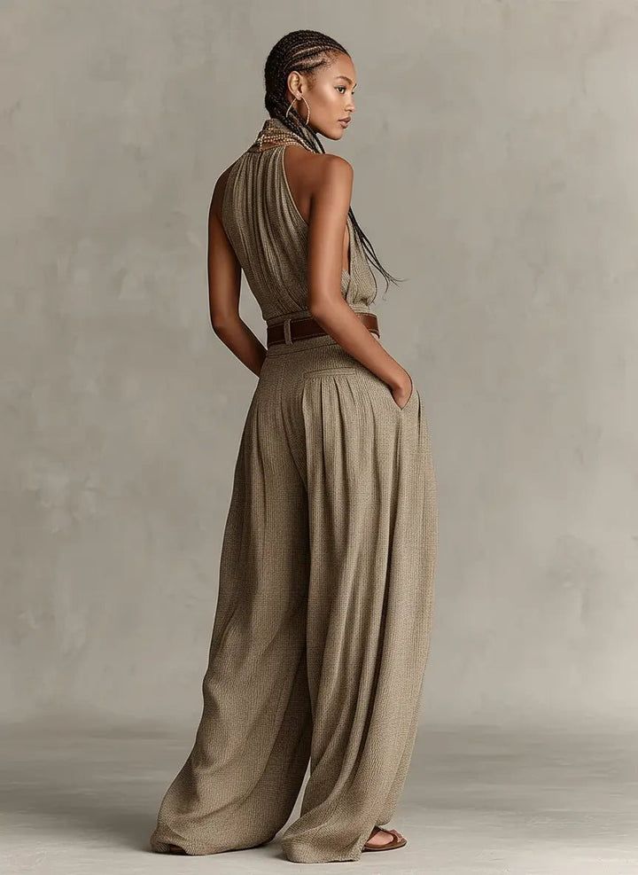 Women's Halter Neck Wide-Leg Cotton Blend Jumpsuit