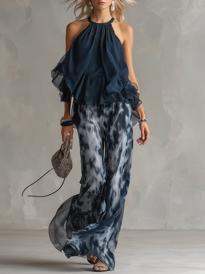 Women's Halter Neck Wide Leg Two Piece Coordinate Set - Navy Blue
