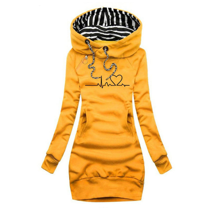 Women's Heartbeat Print Hooded Long Sleeve Dress Jumper - Yellow