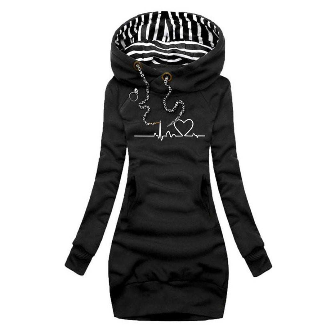 Women's Heartbeat Print Hooded Long Sleeve Dress Jumper - Black