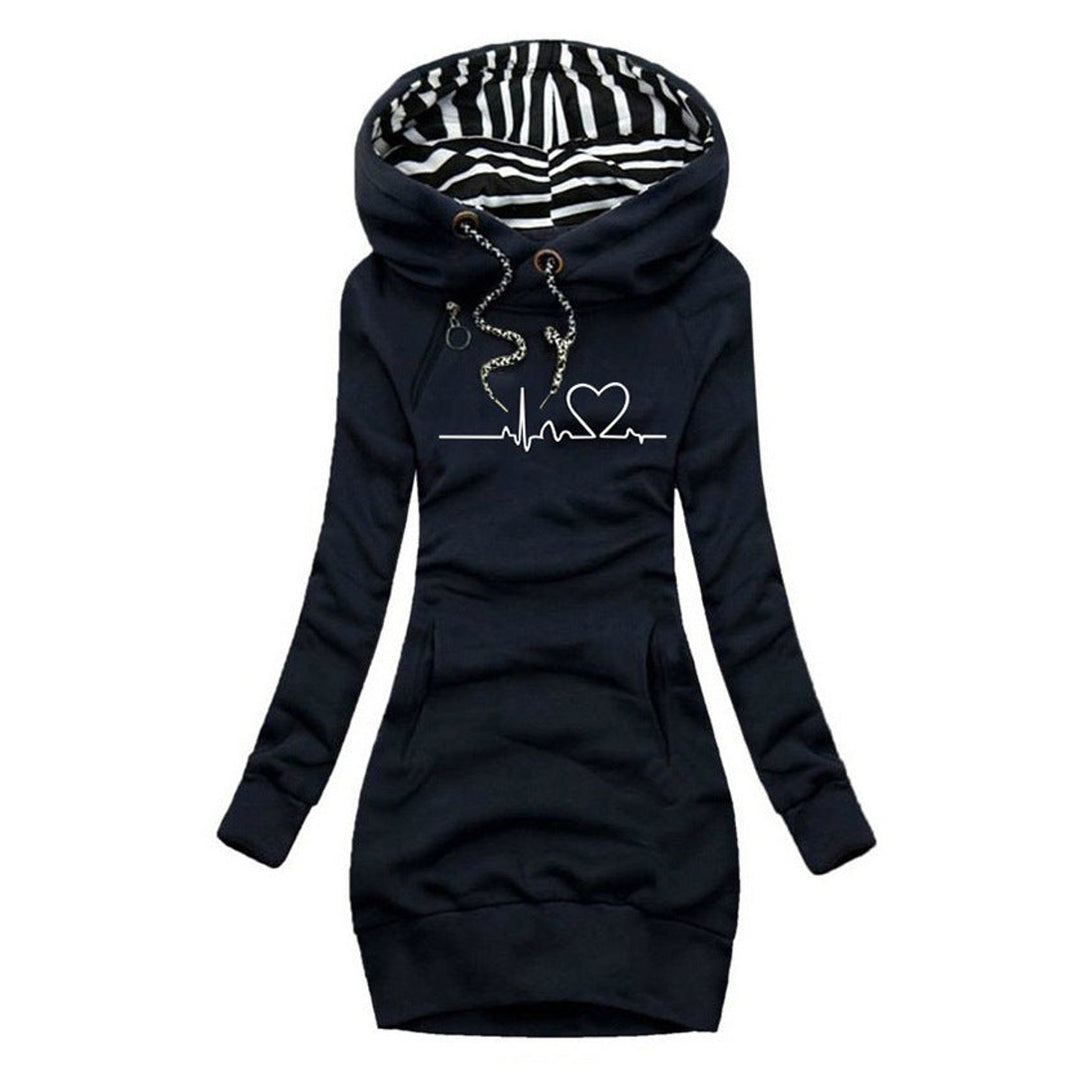 Women's Heartbeat Print Hooded Long Sleeve Dress Jumper - Blue