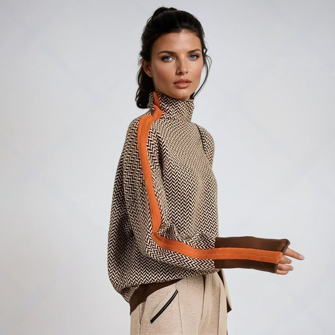 Women's Herringbone Oversized Turtleneck Sweater Contrast Trim - Orange