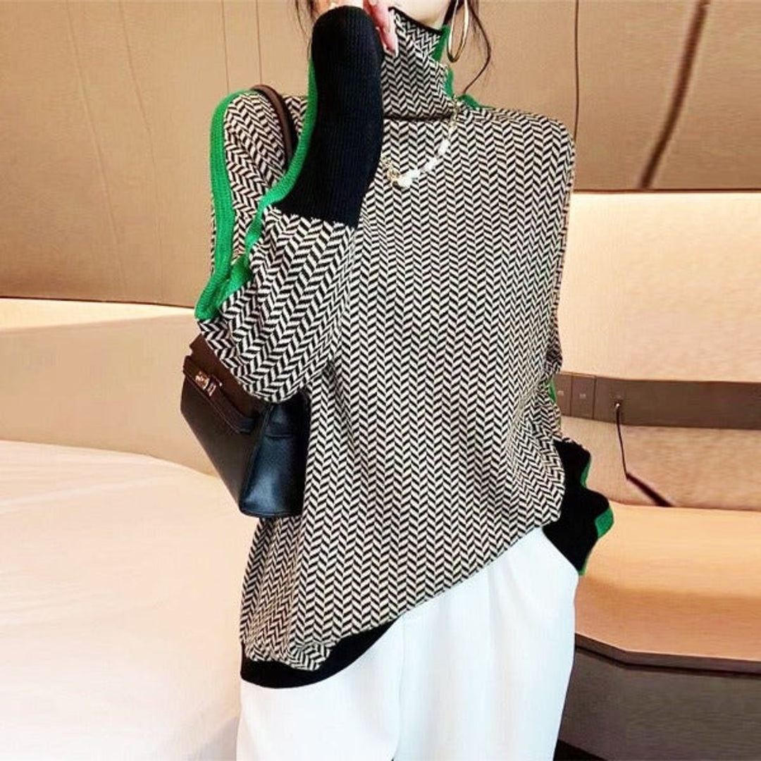 Women's Herringbone Oversized Turtleneck Sweater Contrast Trim - Green