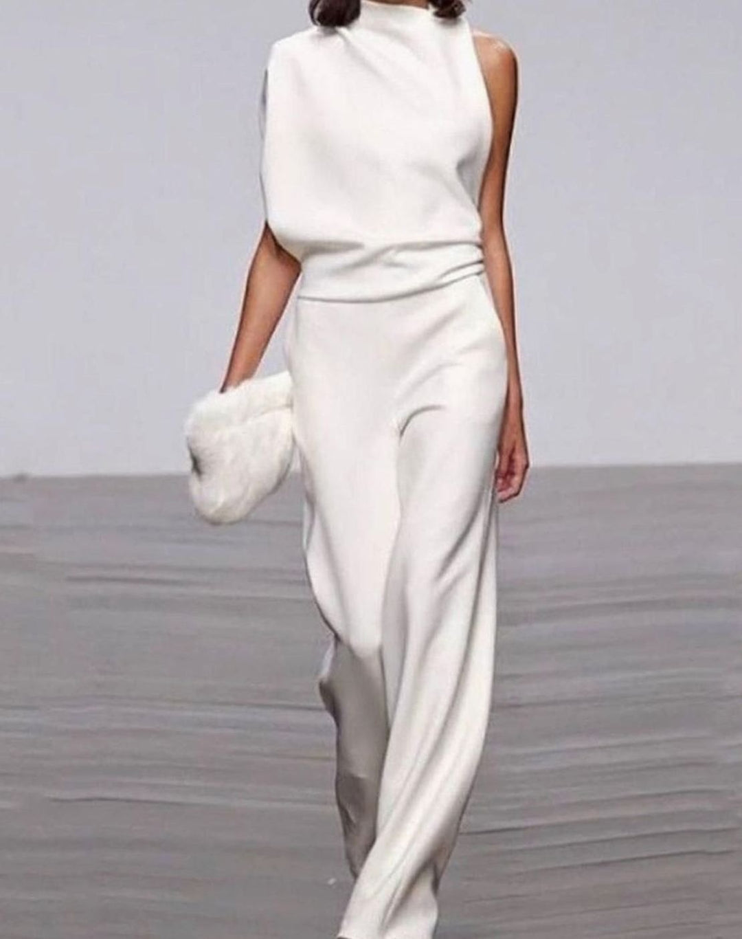 Women's High Neck Asymmetric Shoulder Jumpsuit Wide-Leg Sleeveless - White
