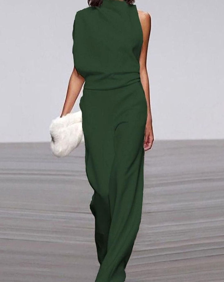 Women's High Neck Asymmetric Shoulder Jumpsuit Wide-Leg Sleeveless - Green