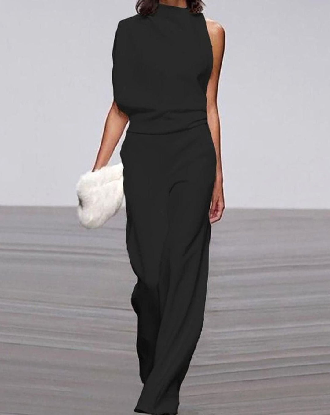 Women's High Neck Asymmetric Shoulder Jumpsuit Wide-Leg Sleeveless - Black