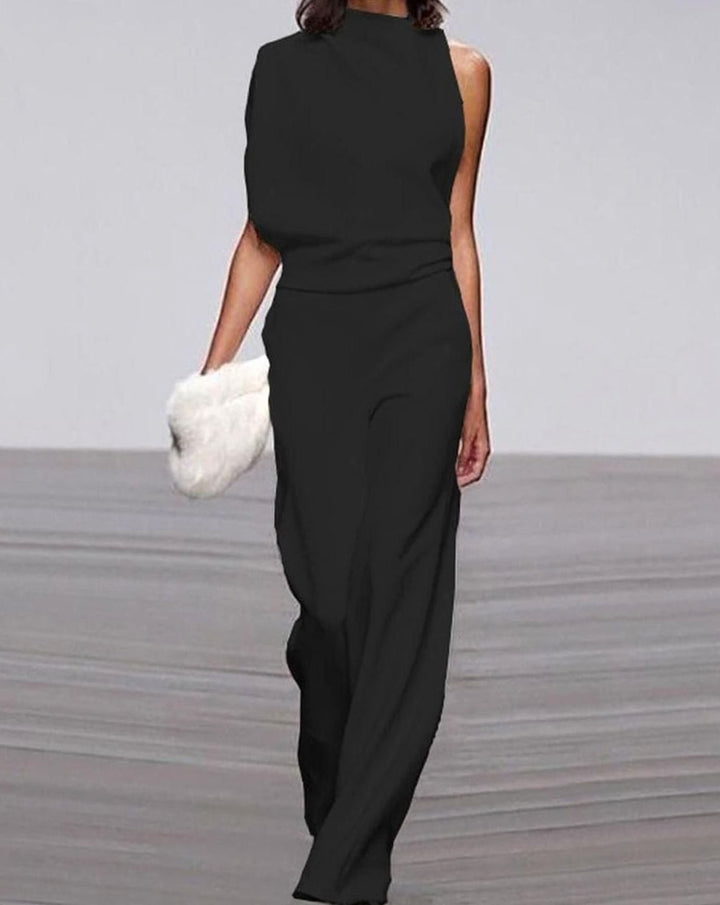 Women's High Neck Asymmetric Shoulder Jumpsuit Wide-Leg Sleeveless - Black