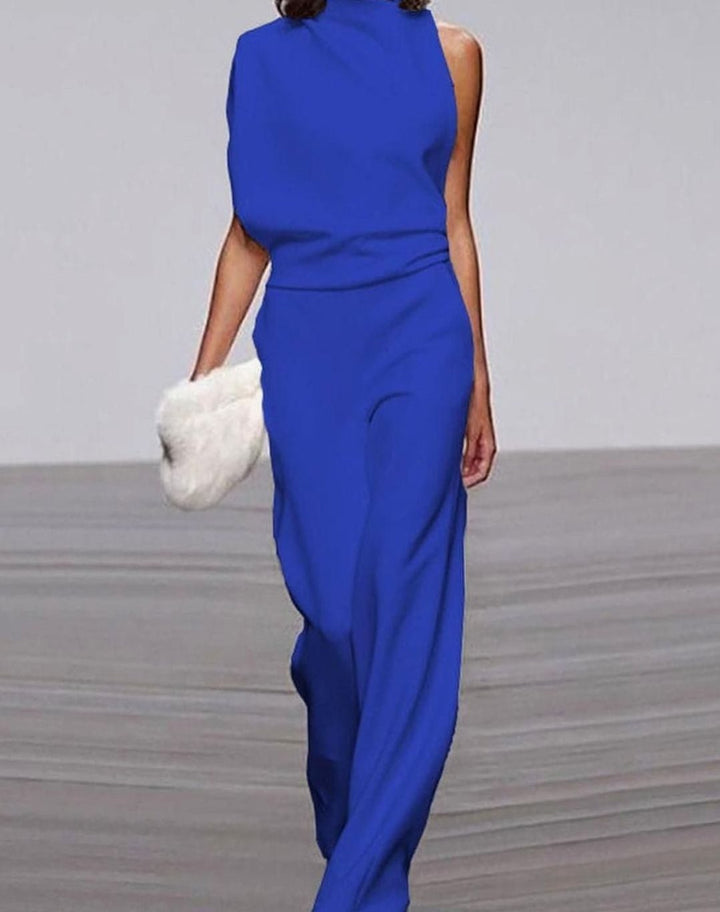 Women's High Neck Asymmetric Shoulder Jumpsuit Wide-Leg Sleeveless - Blue