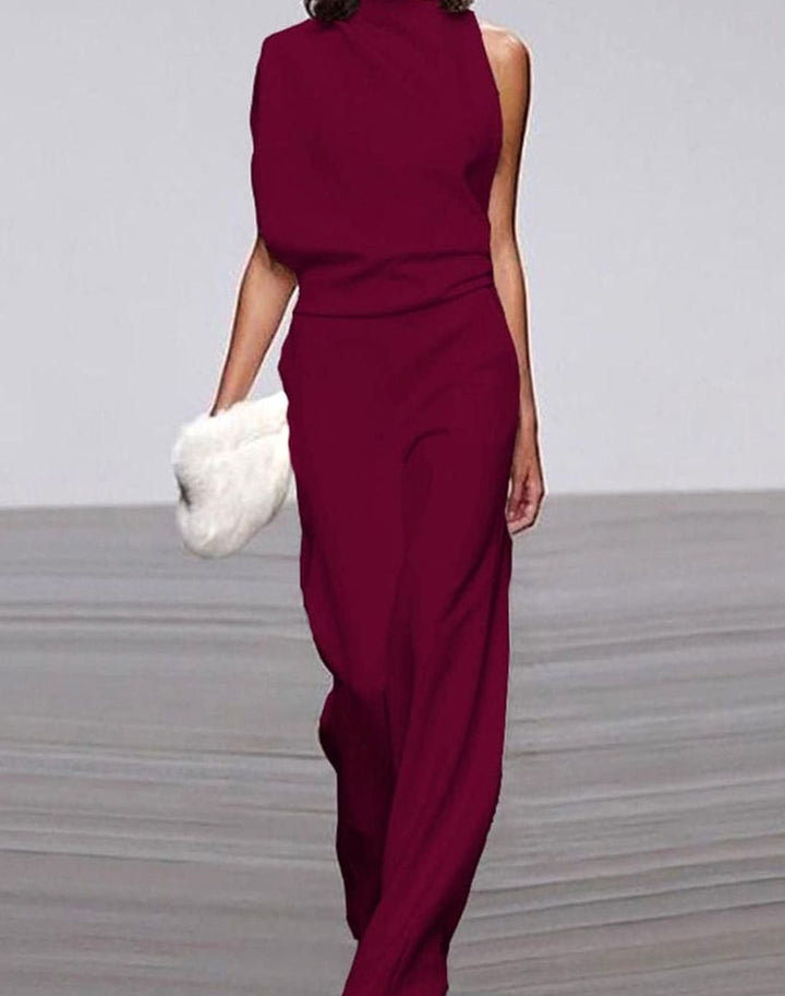 Women's High Neck Asymmetric Shoulder Jumpsuit Wide-Leg Sleeveless - Dark Red