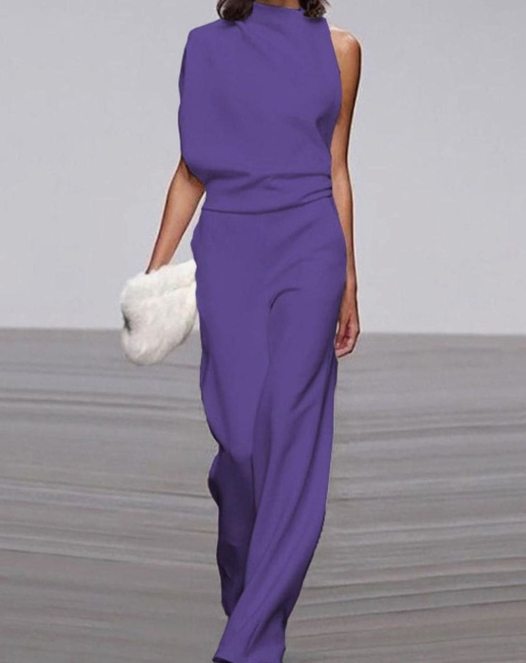 Women's High Neck Asymmetric Shoulder Jumpsuit Wide-Leg Sleeveless - Purple